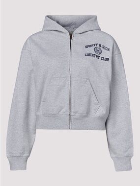 Sporty & Rich Grey Varsity Crest Zipped Cropped Hoodie